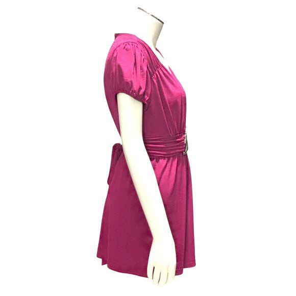Wrapper XL Magenta Empire Waist Tunic Top Puff Sleeve Silver Buckle Y2K Glamcore - Picture 2 of 8